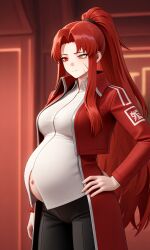 ai_generated female gebura_(lobotomy_corporation) hand_on_hip hand_on_own_hip heterochromia high_ponytail jacket lobotomy_corporation long_hair p-corp ponytail pregnant project_moon red_hair red_jacket scar_on_cheek white_shirt