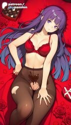 1girls 2026 ai_assisted ai_generated anime artist_name bra breasts bust chocolate explicit fern_(sousou_no_frieren) flower frieren_beyond_journey's_end heart-shaped_chocolate hi_res high_quality high_resolution highres laying_down long_hair lying lying_on_back on_back pantyhose patreon patreon_username petals pink_flower purple_eyes purple_hair rose_petals skypassion solo sousou_no_frieren spoken_squiggle squiggle stable_diffusion thorns torn_clothes torn_legwear underwear valentine valentine's_day watermark
