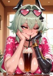 2025 ai_generated anime bangs breasts caesar_king caesar_king_(zenless_zone_zero) cherry choker cleavage crossover cup drinking_straw eyewear_on_head female female_focus female_only food green_hair hair_accessory hair_between_eyes hair_ornament hawaiian_shirt head_rest heart highres hoyoverse huge_breasts large_breasts lips mechanical_arms mihoyo nsfw one_eye_closed patreon rognezart shirt single_mechanical_arm smile smiling solo sunglasses sweat sweaty zenless_zone_zero