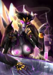 1girls 2d 2d_(artwork) airachnid alien_girl alien_humanoid breasts chest cybertronian decepticon drink energon female female_focus female_only girl hasbro high_resolution highres jewelry magenta_eyes nipples pink_nipples purple_lipstick robot robot_girl robot_humanoid smoking spider_legs transformers transformers_prime