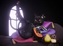 4_fingers 4_toes abstract_background absurd_res anthro bard black_body black_fur bottomless cheese claws clothed clothing collar dairy_products dungeons_and_dragons fan_character fantasy feet felid feline femboy fingers food fruit full-length_portrait fur genitals grape half_naked hasbro hi_res hobkobbo humanoid legs_up looking_at_viewer lute lying male mammal musical_instrument on_back open_mouth orange_eyes pawpads paws pear penis piercing pillow pink_pawpads plant plucked_string_instrument portrait presenting ring ring_piercing scar solo string_instrument tabaxi tail teasing toes wizards_of_the_coast