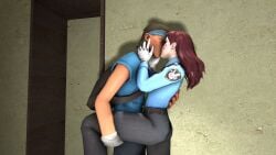 1boy 1girls artist_request bag bandage bandana belt blue_shirt d.va dog_tags duffel_bag facial_markings female gloves holding_partner kissing legs_up light_skin long_hair long_sleeves male necklace overwatch pants patch_(fabric) police police_officer_d.va police_uniform scout_(team_fortress_2) short_hair short_sleeves source_filmmaker tagme_(artist) wound