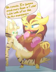 big_ass big_breasts big_lips big_mouth_(tv_series) big_penis blue_eyes brown_fur connie_(big_mouth) connie_lacienega dialogue green_eyes hobbez hormone_monstress milomotis orange_fur red_hair shower tiger yellow_skin