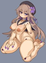 absurdres beret black_hat black_sailor_collar breasts brown_hair choker closed_mouth collarbone commentary doll_joints english_commentary exnezo female fingernails flower full_body grey_background hair_flower hair_ornament hat herta_(honkai:_star_rail) herta_(puppet)_(honkai:_star_rail) highres honkai:_star_rail honkai_(series) joints long_hair looking_at_viewer medium_breasts nezo nipples no_pussy nude purple_choker purple_eyes purple_flower sailor_collar simple_background sitting solo wariza