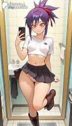 1girls 2026 ai_assisted ai_generated anime artist_name bathroom bleach boots bow breasts brick brick_floor brick_wall brown_footwear bust ceiling cellphone explicit hair_ribbon hi_res high_quality high_resolution highres holding_phone honeycomb_background navel orange_eyes panties patreon patreon_username phone purple_hair red_bow red_ribbon restroom ribbon senna_(bleach) shower_(place) silk skirt skypassion smile stable_diffusion stone_floor stone_wall tile_floor tile_wall tiles toilet toilet_paper underwear watermark white_panties