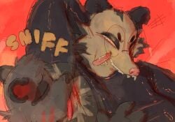 american_opossum anthro armpit_fetish armpit_hair armpit_lick armpit_play armpit_sniffing bodily_fluids body_hair desamistesae_fafratarello_flumendo_styx duo eyewear female glasses hi_res latex licking male mammal marsupial musk narrowed_eyes procyonid raccoon raised_arm smashmat sniffing sweat tongue tongue_out