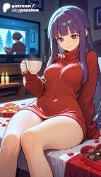 1girls 2026 ai_assisted ai_generated anime artist_name blunt_bangs breasts bust explicit eyebrows_visible_through_hair fern_(sousou_no_frieren) frieren_beyond_journey's_end hi_res high_quality high_resolution highres long_hair monitor patreon patreon_username purple_eyes purple_hair red_sweater skypassion smile sousou_no_frieren stable_diffusion sweater valentine's_day watermark