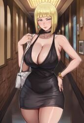 ai_generated alternate_breast_size bag bare_shoulders black_choker black_dress blonde_hair blue_eyes blunt_bangs blunt_ends blush bob_cut bracelet breasts choker cleavage closed_mouth collarbone cowboy_shot cuckold curvy dress earrings female hand_on_own_hip handbag huge_breasts indoors jewelry large_breasts looking_at_viewer mature_female naruto_(series) netorare ring samui short_dress short_hair sleeveless sleeveless_dress smile solo standing thick_thighs thighs tight_dress wide_hips zeulzin