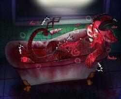 absurd_res andromorph anthro bath_mat bathroom bathtub big_ears black_body black_fur blood blood_bath blood_from_wound blood_on_knife blood_play blood_stain blue_tile blush blushing_profusely bodily_fluids breath brick_wall candy_demon curved_horn cutting demon dildo dildo_insertion drooling fangs fur gore grey_body grey_fur grey_tuft guts hair heart_shaped_pupils heart_symbol hi_res hooves horn infinity_symbol intersex intestines intestines_out justiceposting knife knife_play looking_down looking_down_at_belly masturbation moan multicolored_body open_mouth organs orgasm orgasm_face panting penetration red_body red_fur red_hair saliva self-harm sex_toy sex_toy_in_vagina sex_toy_insertion shaking shivering solo spikes spikes_(anatomy) steam_clouds symbol tail teeth tremble_spikes trembling tuft vaginal_penetration wall_(structure) white_body white_fur window wounded