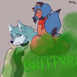 1boy 1boy1girl 1girl1boy 1girls 2021 anthro ass bawko big_butt blue_hair blush blush_lines bottom_heavy bottomless brand_new_animal brown_body butt_focus canid canine canis carrying_another clenched_teeth clothed clothing coat digital_drawing_(artwork) digital_media_(artwork) disgust duo eye_roll fart fart_cloud fart_fetish female flat_colors furaffinity_link grey_background grin hair hi_res huge_fart looking_at_another's_butt male mammal michiru_kagemori multiple_sources narrowed_eyes onomatopoeia raccoon_dog raised_tail shirou_ogami shirt signature simple_background sitting sitting_on_another sitting_on_arm smile sound_effects straining studio_trigger tail tanuki teeth text topwear wide_hips wolf