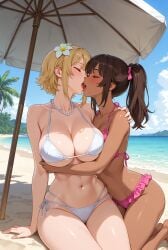 2girls ai_generated bangs beach beach_background beach_umbrella blonde_hair brunette_hair caramel-skinned_female closed_eyes embrace flower_in_hair frilled_bikini frills holding_partner large_breasts ocean pearl_necklace pink_clothing ponytail rgomez007 ribbon_in_hair short_hair sitting tanned_skin tongue_kiss tropical underboob white_bikini yuri