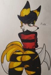 absurd_res annoyed anthro anus ass big_butt blush bodily_fluids canid canine clothing eyeshadow femboy fox half-closed_eyes hi_res justsomeidiotonline leggings legwear looking_back makeup male mammal miles_prower_(anti-tails) narrowed_eyes profanity red_fox solo story story_in_description sweat sweatdrop sweaty_butt thick_thighs torn_clothing torn_leggings torn_legwear true_fox wardrobe_malfunction