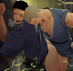 2boys abs against_tree anal ass bara blush bottomless gay itto_(mentaiko) male male/male male_only multiple_boys muscle original outdoors partially_clothed pecs penetration robe sex steam sweat tagme thrusting tree yaoi