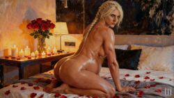 ai_assisted ai_generated ass bedroom bedroom_eyes braided_hair breasts ciri feet female female_focus female_only green_eyes highres long_hair looking_at_viewer nude nude_female oiled_skin patreon pregnant pregnant_belly pregnant_female red_lipstick romantic rose the_witcher_(series) the_witcher_3:_wild_hunt the_witcher_4 tripleize wallpaper watermark white_hair