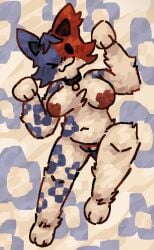 anthro areola arm_tattoo bell bell_collar blush blush_lines brown_areola calico_cat cate_meowdy collar domestic_cat epic_games felid feline felis female flower_tattoo fluffy fortnite fur genitals hi_res mammal multicolored_body multicolored_fur multicolored_vulva nude one_eye_closed one_leg_up paw_pose paws pose raised_leg scaliescum solo standing tattoo vulva