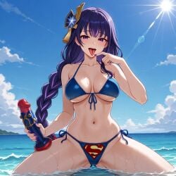 1girls ai_assisted ai_generated bikini bikini_bottom bikini_top blue_bikini breasts crossover dc dc_comics dildo female hair_ornament lewd looking_at_viewer pose posing purple_eyes purple_hair raiden_shogun sexy soaked solo solo_female solo_focus superman superman_(cosplay) superman_(series) superman_logo themed_clothes thick_thighs thighs tongue tongue_out