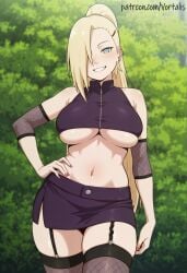 1girl ai_generated bare_shoulders blonde_hair blue_eyes breasts detached_sleeves ear_piercing earrings female fishnet_thighhighs fishnets garter_straps grin hair_over_one_eye hand_on_hip ino_yamanaka jewelry large_breasts long_hair looking_at_viewer nail_polish naruto naruto_(series) naruto_shippuden navel outdoors piercing ponytail red_nails skirt smile solo thighhighs underboob vortalis