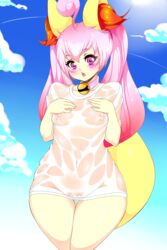 1girls ahoge belly big_thighs blush braixen breasts cloud collar dog_collar elin elin_(tera) female female_only fox_ears fox_tail humanized inner_ear_fluff lolishy lolishytas navel nipples nipples_visible_through_clothing original_character pink_collar pink_hair pokémon_(species) pokemon pokemon_(species) pokemon_xy pussy rice-chan shiny_skin sky solo summer sweat tera_online thick_thighs thighs wet wet_clothes wide_hips youtube