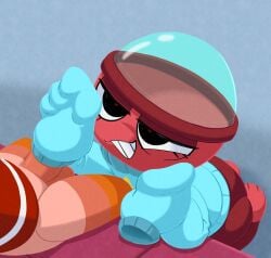 2025 anthro arthropod balls blushcrunch_studio clothed clothing crustacean dandy's_world digital_media_(artwork) duo erection eyelashes female for_a_head four-pundo genitals gigi_(dandy's_world) handjob heart_eyes heart_symbol hi_res humanoid male male/female marine object_head penile penis red_body roblox sex shrimp shrimpo_(dandy's_world) simple_background smile sweater toon_(dandy's_world) topwear