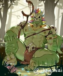 abs absurd_res anthro armlet ball_slip balls bara barazoku biceps bone bone_mask bottomwear clothing digit_ring feet front_view genitals green_body green_scales hi_res jewelry lihzahrd lizard loincloth male manly mask muscular muscular_anthro muscular_male nipple_piercing nipple_ring nipples non-mammal_nipples pecs piercing plant reptile ring ring_piercing scales scalie sitting skull skull_mask solo staff stocky tail terraria toe_ring toes tree witch_doctor_(terraria) zhengshizi
