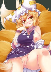 blush bottomless breasts dress female fox_tail hat hat_with_ears highres horny langlong large_breasts long_sleeves looking_at_viewer multiple_tails nipples off_shoulder pillow_hat pubic_hair pussy ran_yakumo smile solo spread_legs tabard tail tongue tongue_out touhou white_dress wide_sleeves yellow_eyes