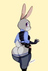 anthro ass blush clothed clothing disney female fur hi_res judy_hopps lagomorph long_ears looking_back mammal panties panties_down pants_down partially_clothed pawtsun pussy rabbit simple_background smile solo tsudanym underwear zootopia