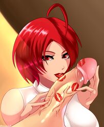 breasts cleavage erection female king_of_fighters kiss_mark kissing_penis kissjob lipjob lipstick lipstick_mark lipstick_on_penis looking_at_viewer male penis red_eyes red_hair red_lipstick short_hair sowilo vanessa_(kof)