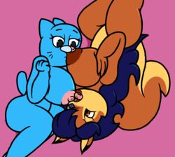 2017 alternate_breast_size anthro areola big_breasts blue_fur blue_hair breast_sucking breasts canine carmelita_fox cartoon_network duo feline female fox fur hair huge_breasts licking mammal mr.under nicole_watterson nipples simple_background sly_cooper_(series) smooth_fur sucking the_amazing_world_of_gumball tongue tongue_out video_games yuri