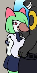 2017 anthro big_breasts big_penis black_fur blush breasts clothing digital_media_(artwork) duo eeveelution erection female fur green_hair hair huge_breasts huge_cock humanoid_penis hyper hyper_breasts kirlia male mammal mr.under nintendo open_mouth paizuri penis pokémon_(species) pokemon pokemon_(species) red_eyes school_uniform sex skirt tongue umbreon uniform vein video_games