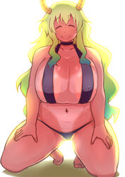 areola_slip areolae bare_arms bare_legs barefoot bikini breasts choker closed_eyes closed_mouth collarbone dragon_girl erect_nipples eyebrows eyebrows_visible_through_hair feet female hands_on_own_thighs happy highres horns huge_breasts impossible_clothes kneeling legs light long_hair miss_kobayashi's_dragon_maid multicolored_hair navel one-piece_tan plump pubic_hair quetzalcoatl_(dragon_maid) simple_background smile solo swimsuit tan tanline tetrodotoxin thick_thighs thighs thong toes