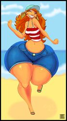 bottom_heavy breasts curvy curvy_figure disney freckles gigantic_ass gigantic_thighs ginger inner_workings kate_(inner_workings) running smile thick_thighs wide_hips