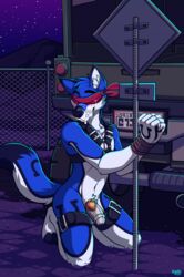 anthro blue_fur bondage bound canine chastity chastity_cage chastity_device coltthefurry cum cum_on_face fur male male_chastity mammal