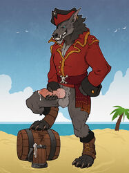 animal_genitalia animal_penis anthro badcoyote balls beach bottomless canine canine_penis clothed clothing cum cum_drip dripping erection grin holding_penis knot leg_up male male_only mammal masturbation penile_masturbation penis pirate seaside smile solo spreading standing wolf