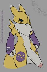 2017 anthro badgengar balls big_balls big_penis clothing digimon erection fur gloves grey_background humanoid_penis male male_only penis renamon simple_background solo somnamg thick_penis