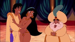 aladdin aladdin_(1992_disney_film) aladdin_(character) breasts cococock dark-skinned_female dark-skinned_male dark_skin disney disney_prince disney_princess edit female_focus male_focus nipples nude princess princess_jasmine pussy screenshot screenshot_edit sultan_(aladdin)