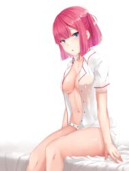 bed blue_eyes blush breasts clothing commentary female food_print highres large_breasts looking_at_viewer mengo mochizuki_momiji navel new_game! nipples no_bra open_clothes open_mouth open_shirt panties print_panties red_hair see-through shirt simple_background sitting solo strawberry_panties strawberry_print underwear white_background