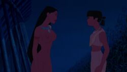 black_hair breasts clothed clothing cococock dark-skinned_female dark_skin disney disney_princess edit female female_only hips lipstick long_hair nakoma native_american necklace night nipples nude pocahontas pocahontas_(character) pussy screenshot screenshot_edit