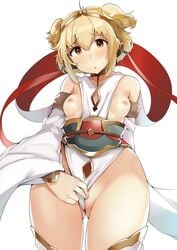 anchira_(granblue_fantasy) arm_behind_back ass_visible_through_thighs blonde_hair blush breasts breasts_out brown_eyes censored closed_eyes clothing_aside commentary_request detached_sleeves erun_(granblue_fantasy) eyebrows_visible_through_hair female fur-trimmed_sleeves fur_trim granblue_fantasy hairband looking_at_viewer mosaic_censoring nipples no_bra no_panties sash short_hair simple_background small_breasts solo standing sweatdrop thighhighs wakamesan white_background