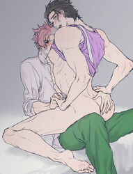 ass ass_grab blush hand_holding implied_sex jojo's_bizarre_adventure jotaro_kujo kai(artist) male_only noriaki_kakyoin on_lap pecs shirt_lift stardust_crusaders yaoi