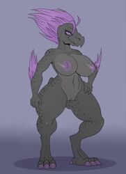 2017 4_fingers 4_toes absurdres alien anthro anthro_only big_thighs biped breasts claws clitoris digitigrade eyelashes fangs female front_view fur grey_background grey_skin grey_spots grey_tail halo_(series) hand_on_hip highres kig-yar large_breasts looking_at_viewer navel nipples non-mammal_breasts nude purple_claws purple_eyes purple_fur purple_hair purple_nipples purple_pussy pussy reptile scalie shadow short_hair short_tail simple_background slim slit_pupils smile solo somescrub spots spotted_skin spotted_tail standing toe_claws toes voluptuous