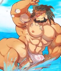 2017 abs animal_humanoid anthro areola arsalan balls beard biceps big_muscles big_pecs black_hair body_hair chest_hair chest_tuft clothed clothing facial_hair feline front_view hair hi_res huge_muscles humanoid humanoid_hands invalid_tag istani lion male male_only mammal muscular muscular_male navel nipples nude outside partially_clothed pecs penis pink_nipples pink_nose red_eyes smile solo standing tan_skin teeth thick_thighs thong tokyo_afterschool_summoners tuft water