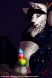 2017 anthro balls bondage bound canine clothed clothing cum erection fishnet fur hair male mammal multicolored_penis open_mouth penis rainbow rainbow_penis rope rubber simple_background skittles solo white_balls wireframedragon yaoi