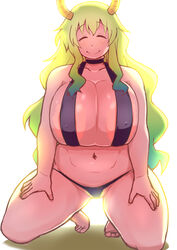 areola_slip areolae bare_arms bare_legs barefoot bikini breasts choker closed_eyes closed_mouth collarbone dragon_girl erect_nipples eyebrows eyebrows_visible_through_hair feet female hands_on_own_thighs happy highres horns huge_breasts impossible_clothes kneeling legs light long_hair miss_kobayashi's_dragon_maid multicolored_hair navel plump pubic_hair quetzalcoatl_(dragon_maid) simple_background smile solo swimsuit tetrodotoxin thick_thighs thighs thong toes