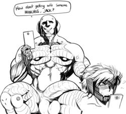 2017 2boys 5_fingers bald balls bara big_balls big_penis black_and_white blonde blush cellphone cybernetics cyborg gay hair huge_cock human konami line_art machine male male_only mammal metal_gear_rising metal_gear_solid modeseven monochrome muscular muscular_male nude penis phone raiden_(metal_gear) simple_background smile smirk spread_legs spreading sundowner sweat teeth text vein veiny_penis video_games warmonger white_background yaoi