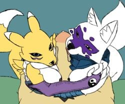 alopex animated arctic_fox black_sclera canine clothing colored crossover digimon dragonweirdo edit erection female fox group group_sex licking male mammal nipples partial_male penis renamon sex simple_background straight teenage_mutant_ninja_turtles threesome tongue tongue_out