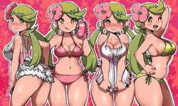 1girls :p ;d apron apron_pull arm_up bangs bikini blush breasts cleavage dark-skinned_female dark_skin female female_only flower flower_on_head green_bikini green_eyes green_hair hair_flower hair_ornament human human_only kenron_toqueen licking_lips looking_at_viewer low_twintails mallow_(pokemon) naked_apron navel nintendo one_eye_closed open_mouth overalls pink_background pink_bikini pokemon pokemon_sm shirt sideboob sleeveless sleeveless_shirt smile solo_focus standing swept_bangs swimsuit text thick_thighs thigh_gap thighs tongue tongue_out triangle_mouth twintails wide_hips