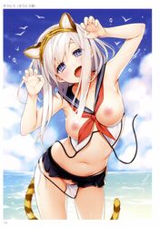 :o absurdres animal_ears armpits arms_up artist_name bikini bikini_pull blue_eyes blue_sky breasts breasts_out censored claw_pose cloud cloudy_sky cowboy_shot day dutch_angle eyebrows_visible_through_hair fake_animal_ears fangs female giuniu hairband heart heart-shaped_pupils highres horizon long_hair looking_at_viewer microskirt mosaic_censoring navel nipples open_mouth page_14 page_number pleated_skirt sailor_bikini sailor_collar scan short_hair_with_long_locks side-tie_bikini sidelocks silver_hair skirt sky small_breasts smile solo sweat swimsuit symbol-shaped_pupils tiger_ears toranoana untied untied_bikini wet white_bikini