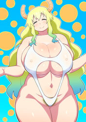 1girls bare_arms bare_legs bare_shoulders blush bouncing_breasts breasts chubby closed_eyes collarbone cowboy_shot curvy dragon_girl erect_nipples female female_only hairy happy highres horns huge_breasts impossible_clothes legs long_hair miss_kobayashi's_dragon_maid motion_lines mound_of_venus multicolored_hair navel plump pubic_hair quetzalcoatl_(dragon_maid) simple_background smile standing swimsuit tetrodotoxin thick_thighs thighs white_swimsuit wide_hips