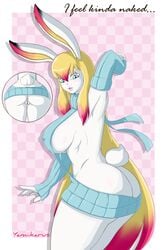 2017 anthro anus armwear ass bare_back big_breasts blonde_hair blue_eyes border breasts close-up clothed clothing detached_sleeves female fur hair hi_res lagomorph long_hair looking_down lully_pop mammal multicolored_hair nipples open_mouth pattern_background pussy rabbit raised_arm side_view sideboob simple_background smile solo standing sweater text tongue virgin_killer_sweater white_border white_fur yamiikarus