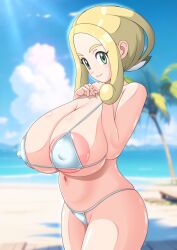 1girls alternate_breast_size bikini blonde_hair breasts female green_eyes hips huge_breasts light-skinned_female light_skin long_hair nintendo nipples outdoors pokemon pokemon_xy s.forest thick_thighs thighs viola_(pokemon) wide_hips